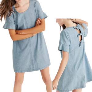 Madewell Chambray Bow Back Denim Short Sleeve Swing Popover dress Size L